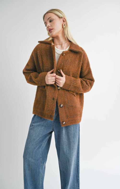 Lola Plaid Sweater Jacket - Brown