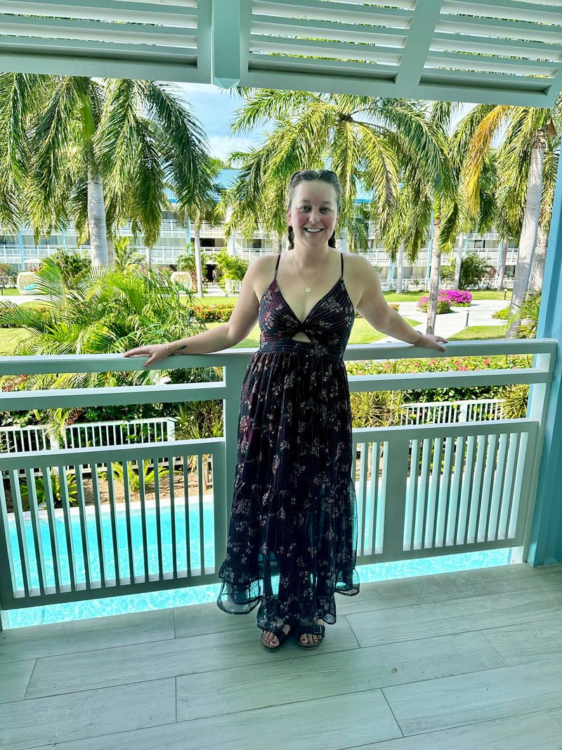 Black Floral Twist Front Maxi Dress w/ Red & Gold Accents