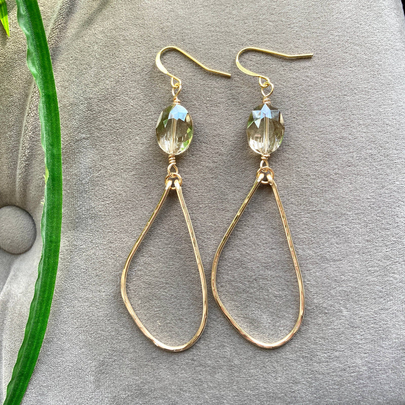 Gold Hammered Hoop Earrings with Oval Crystal Organic