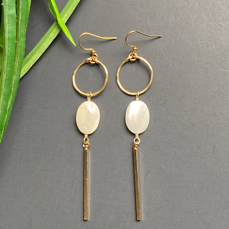 Gold Drop Dangle Earrings Mother of Pearl Shell Hammered