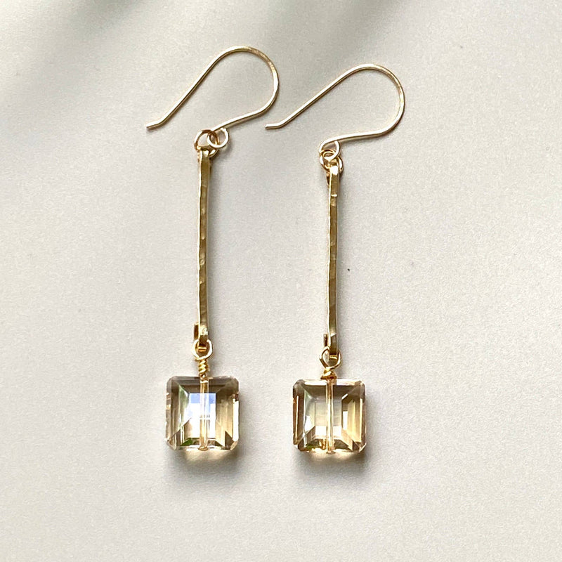 Gold Earrings Hammered Bar and Crystal Drop Dangle