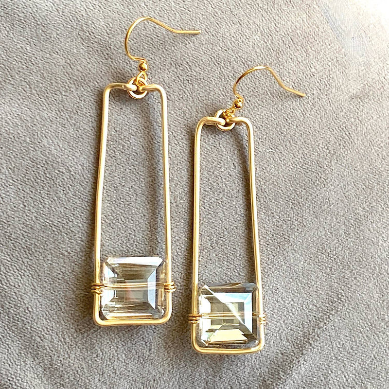Gold Rectangle Earrings With Square Crystals