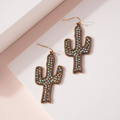 Western Cactus Rhinestone Dangling Earrings