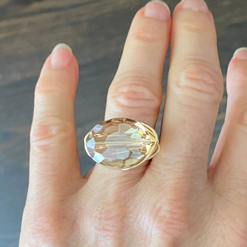 Oval Crystal Wire Wrapped Champagne Gold Ring