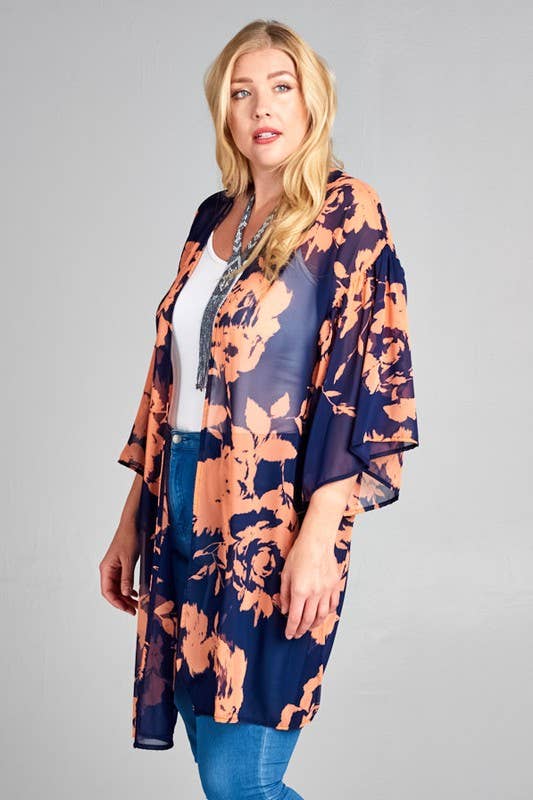 Plus Size Tropical Printed Chiffon Kimono