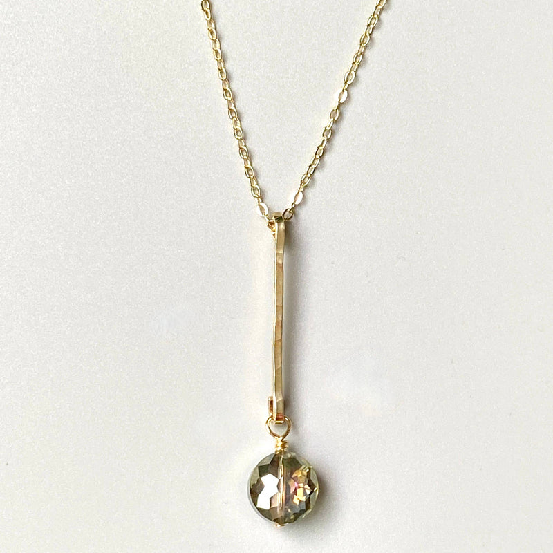 Gold Bar Round Green Faceted Crystal Pendant Necklace Chain